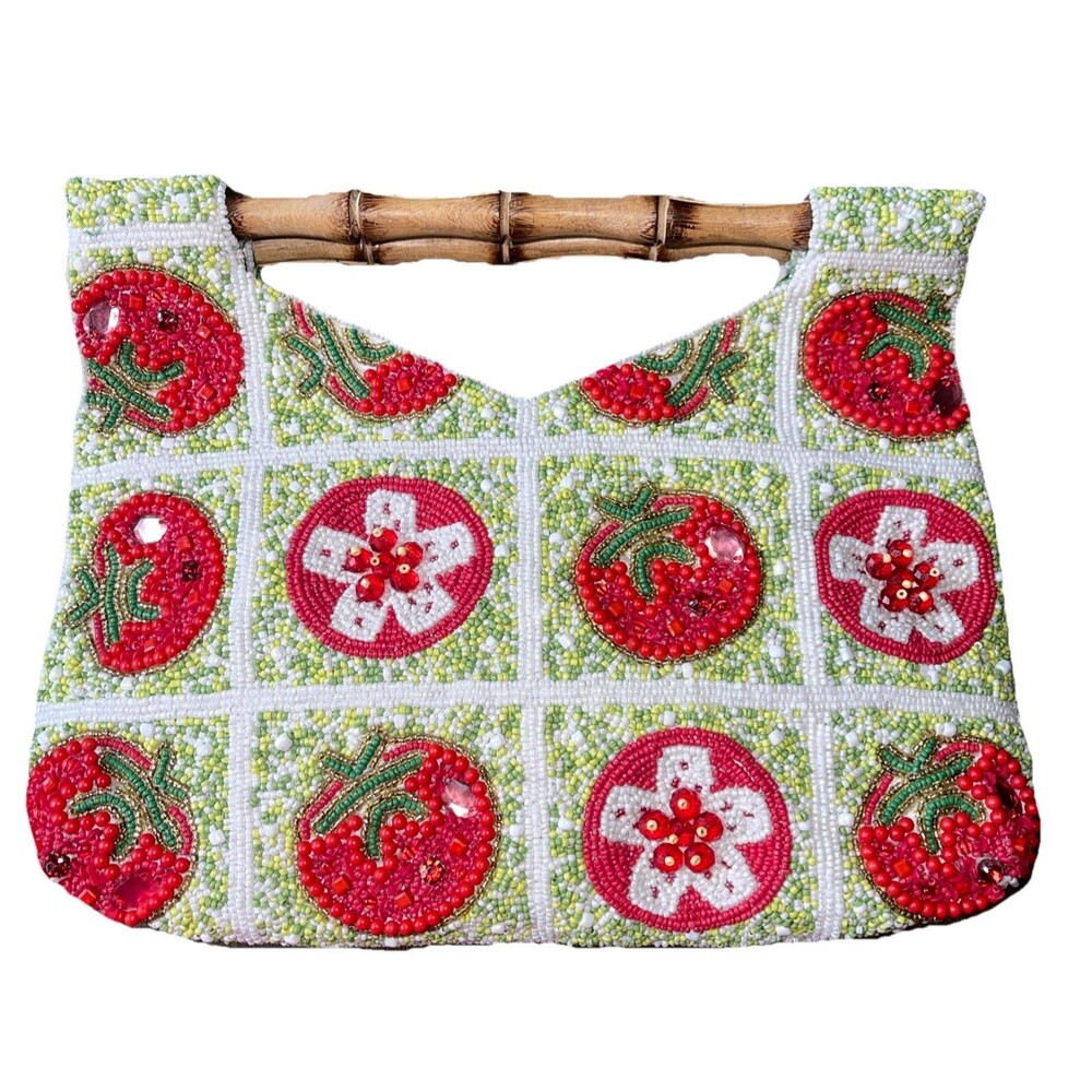 Fruit Beaded Bag With Bamboo Handles - Made In India NWOT